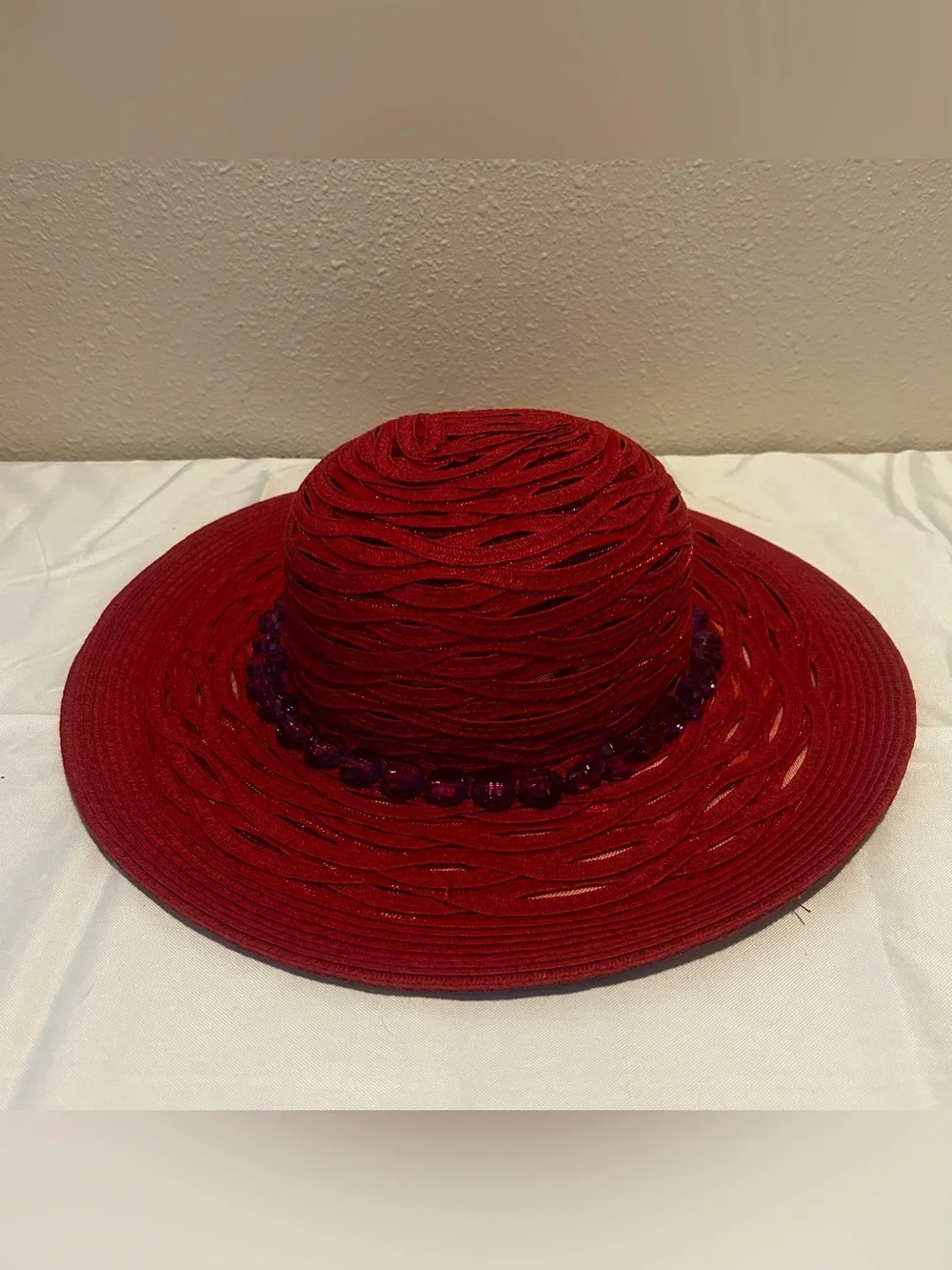 Nine West Red Braided Wide-Brim Hat with Bead Trim